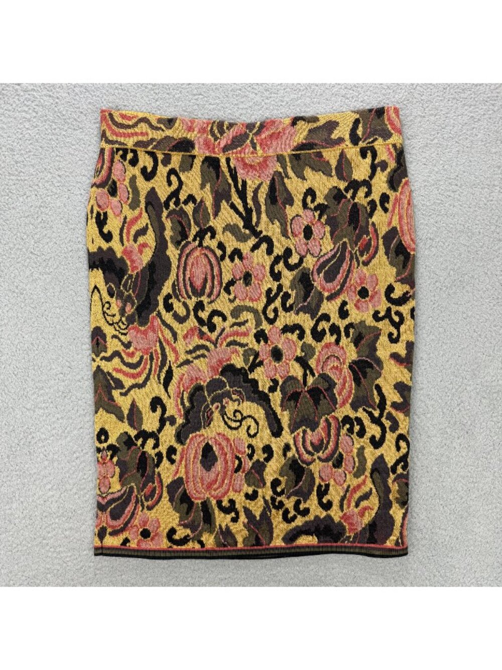 Peruvian Connection Skirt Womens Large L Yellow Pencil Floral Knit Midi Knee